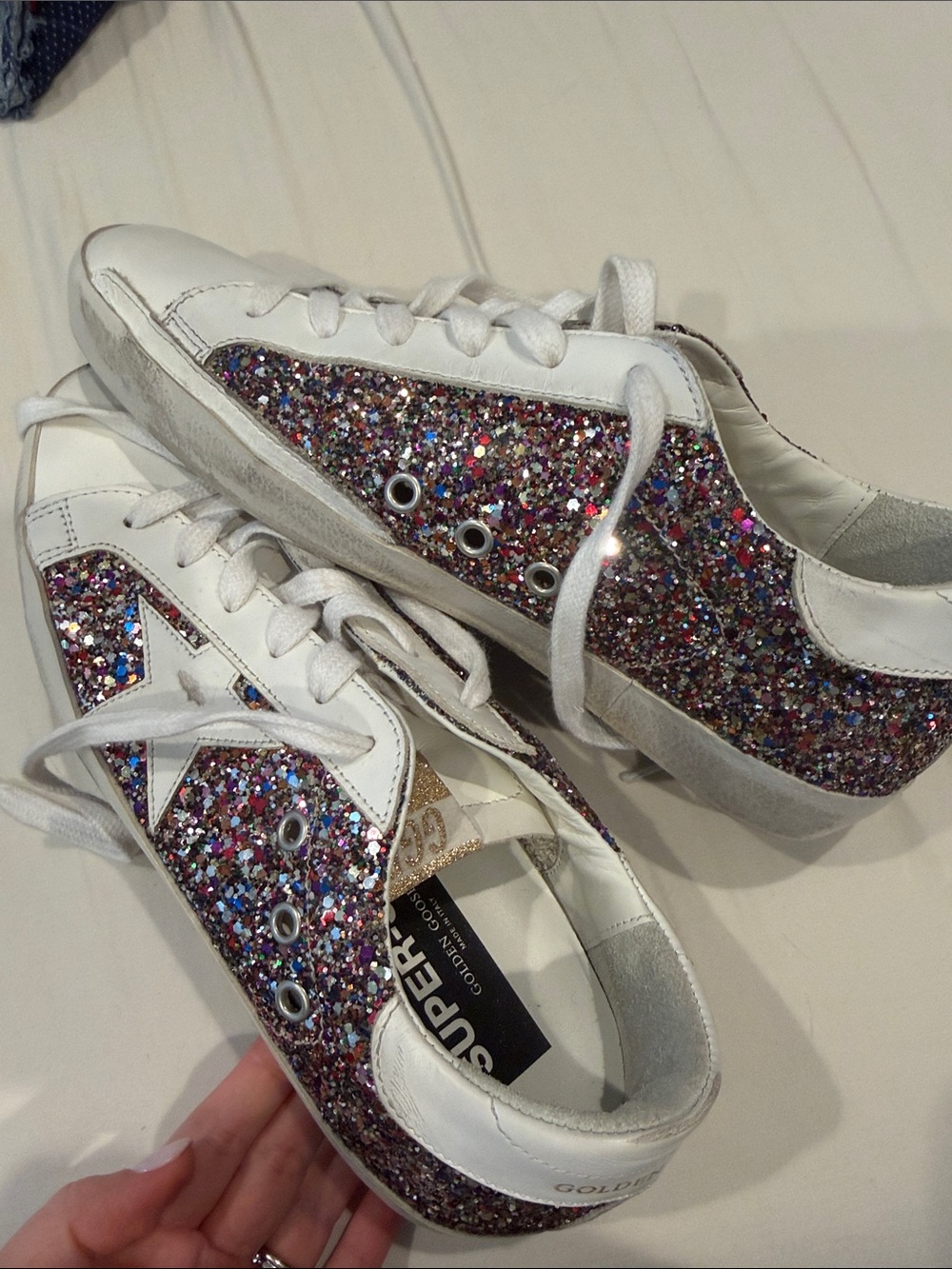 Golden Goose White Leather Sneakers with Multi-Color Glitter Panels